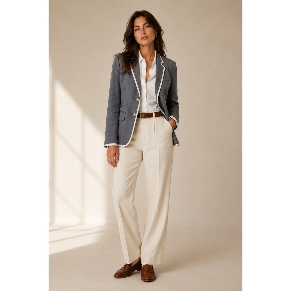 J.Crew Blazer Women 8 Grey 100% Linen Herringbone Grosgrain Trim Preppy Coastal